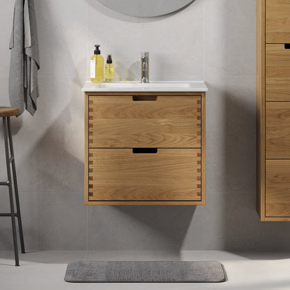 Badrumsmöbel i massiv ek – 2 lådor med fingergrepp – 60x46x57 cm – oljad ek – vit Porslin tvättställ – Gribskov