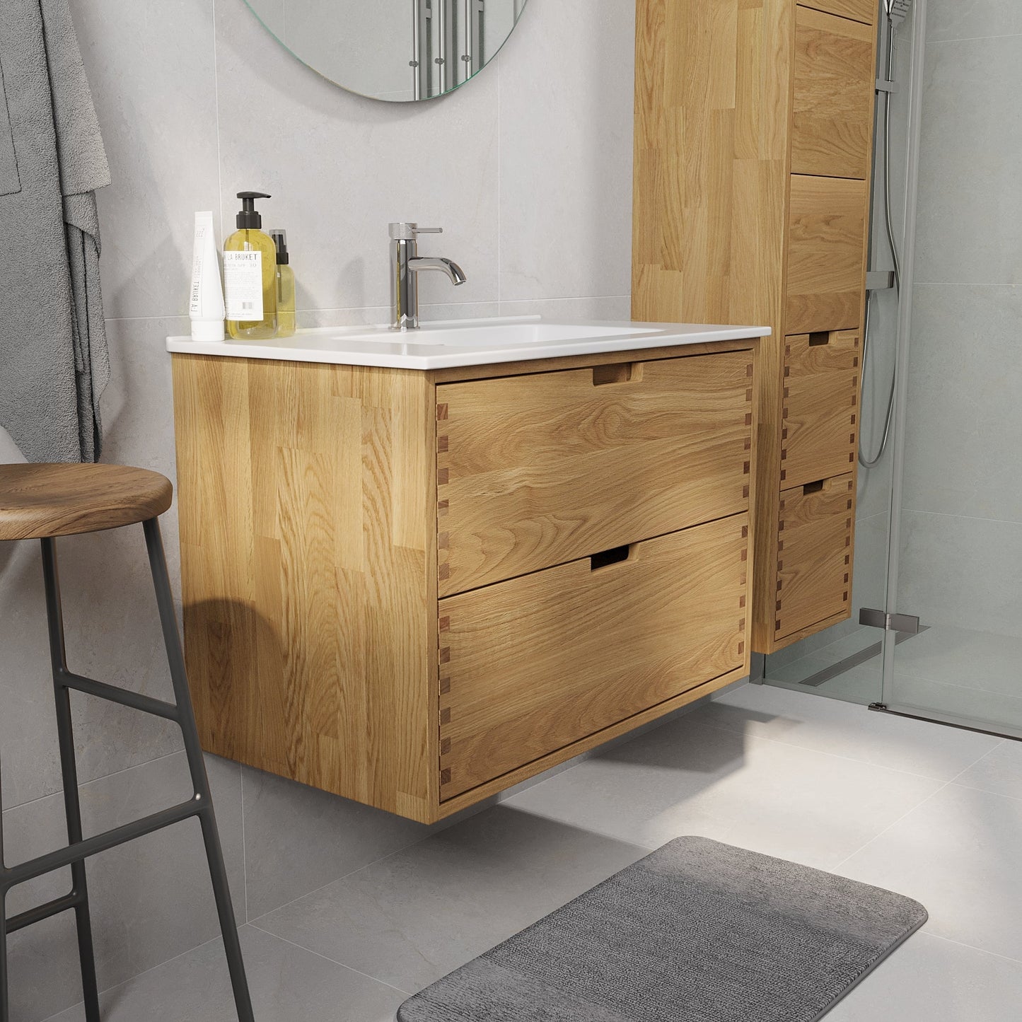 Badrumsmöbel i massiv ek – 2 lådor med fingergrepp – 60x46x57 cm – oljad ek – vit Porslin tvättställ – Gribskov