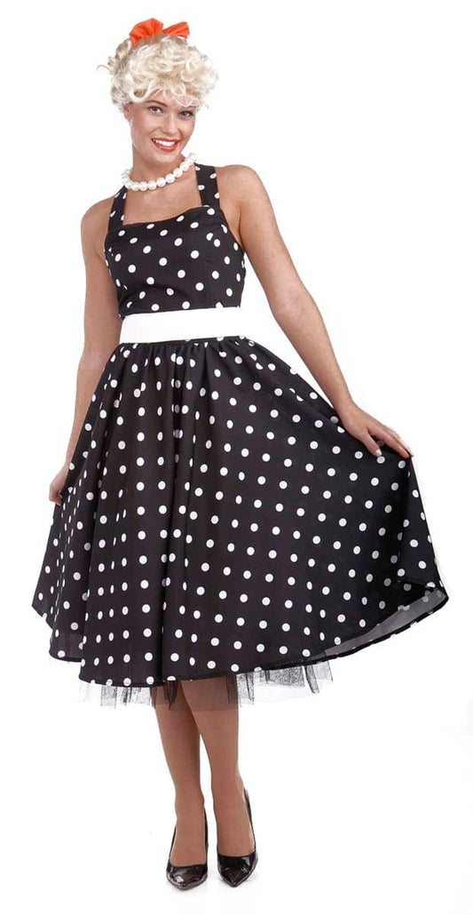 50's Black & White Dot Dress Costume w/Crinoline Adult