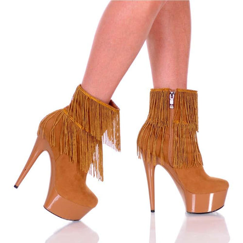 Amber-401 Micro Suede 6 Heel Ankle Bootie W/Fringe: Camel Suede