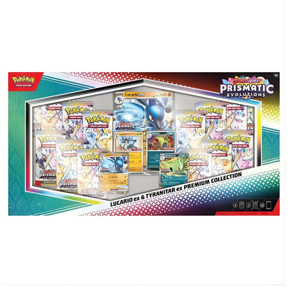 Pokémon Scarlet & Violet 8.5: Prismatic Evolutions Lucario ex & Tyranitar ex Premium Collection (OBS! Skadad kartong)