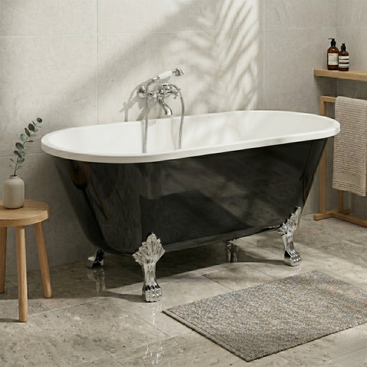 Fristående retro badkar 160 cm i svart akryl med kromade lejontassar och avloppssats - Rønne