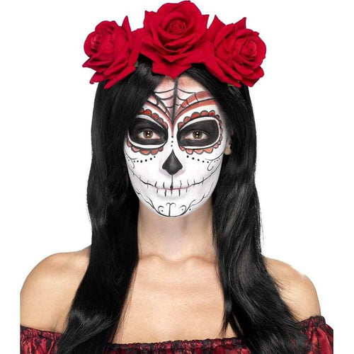 Day of the Dead Costume Headband with Red Roses