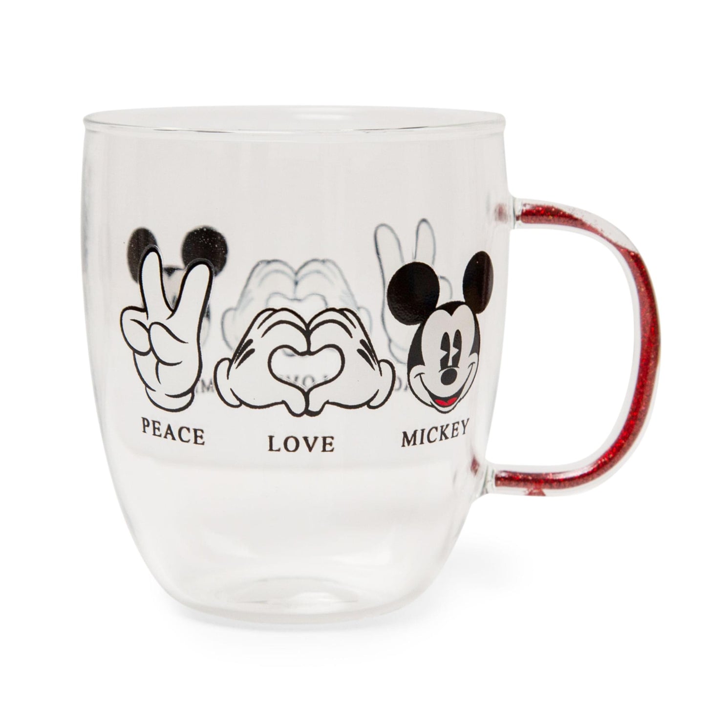 Disney Peace Love Mickey Mouse Glitter Handle Glass Mug | Holds 14 Ounces