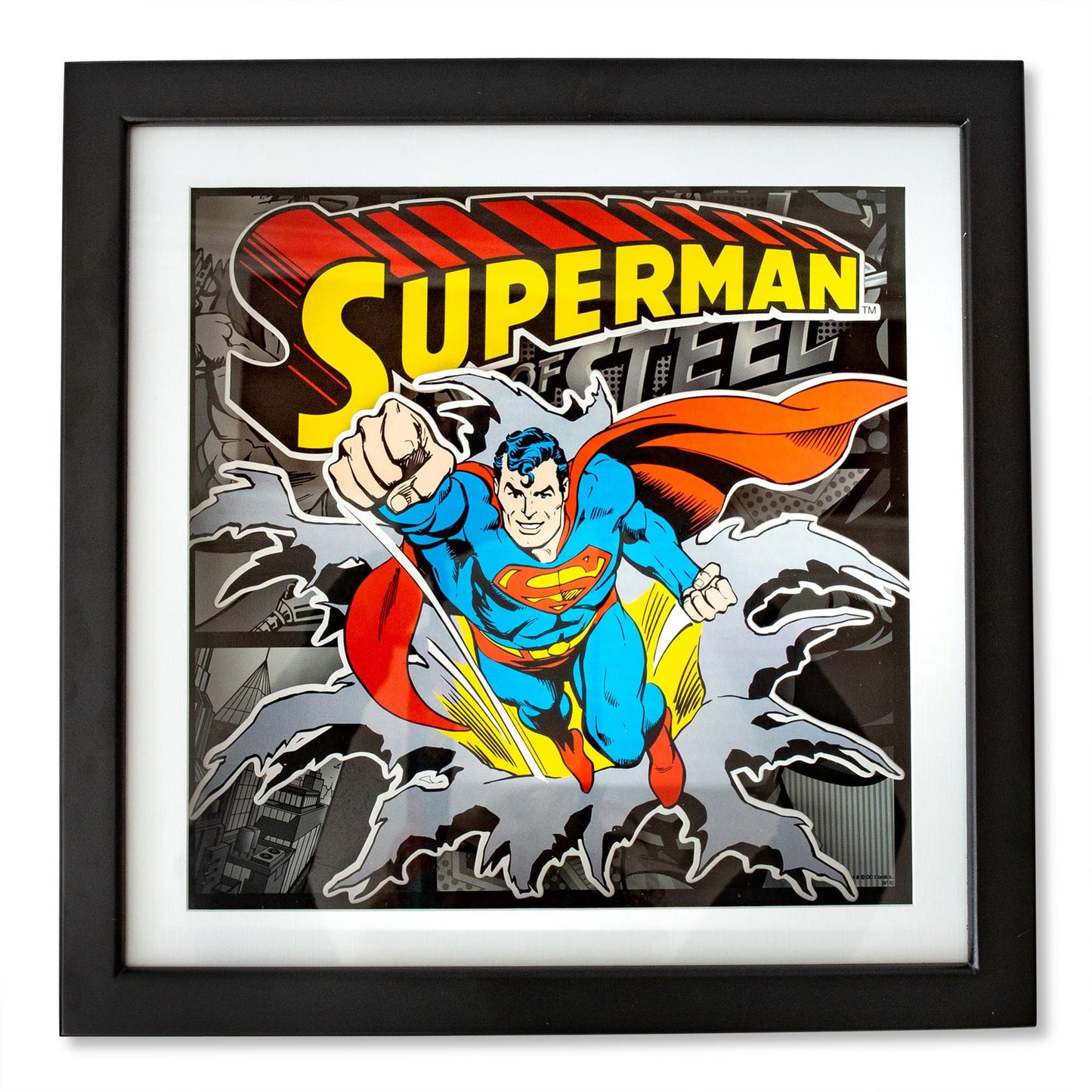 DC Comics Superman Man of Steel Wood Frame 3D Shadow Box Wall Art | 15 x 15 Inches