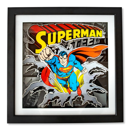 DC Comics Superman Man of Steel Wood Frame 3D Shadow Box Wall Art | 15 x 15 Inches