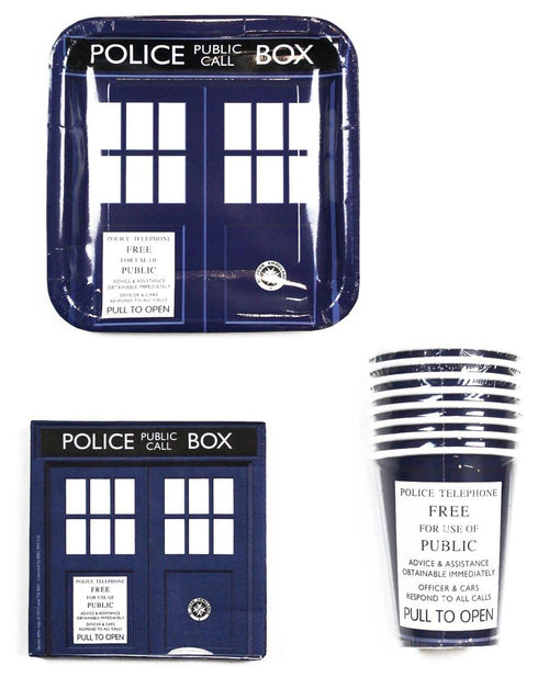 Doctor Who TARDIS Party Set: 9 Plates (x8), 9oz Cups (x8), 6.5 Napkins (x20)