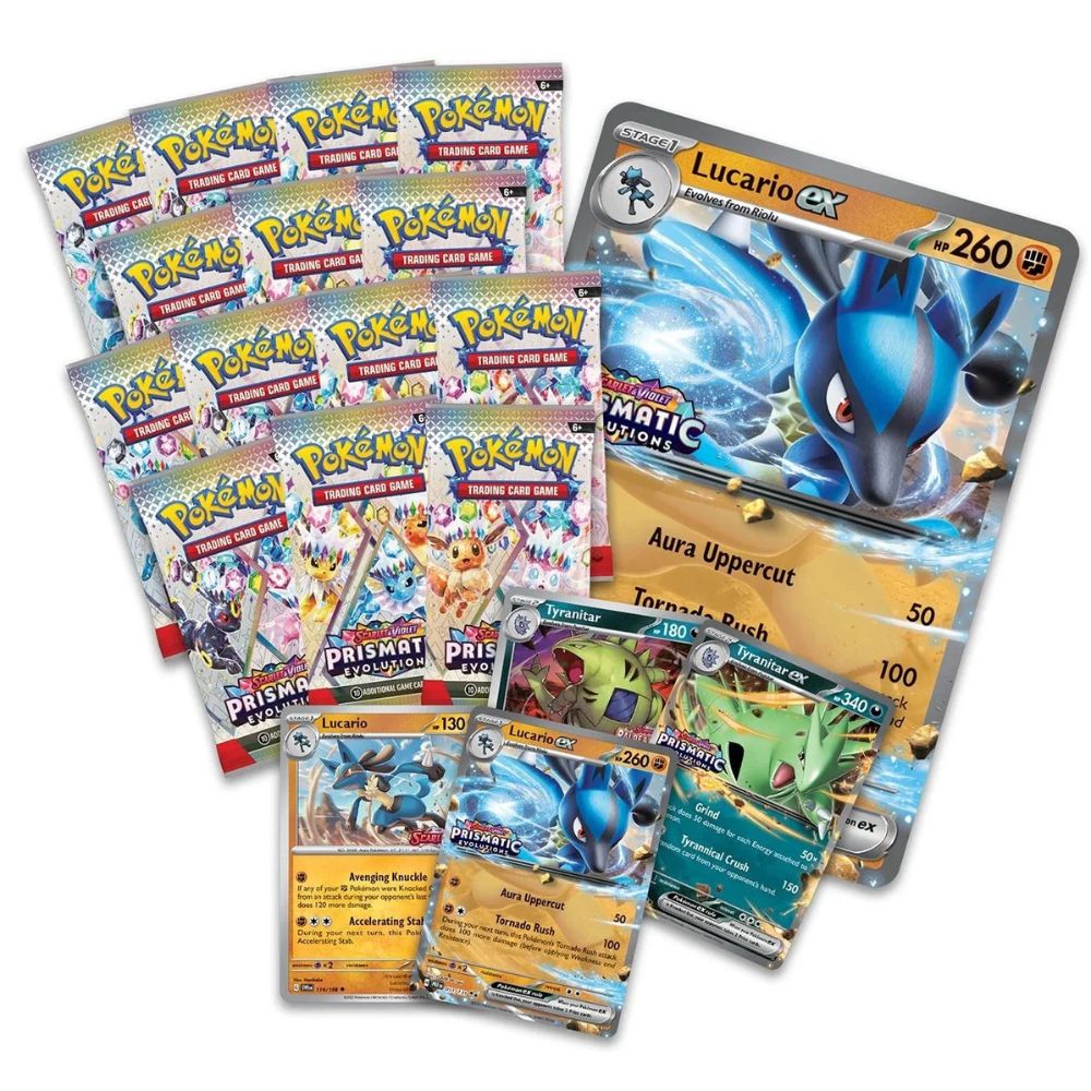 Pokémon Scarlet & Violet 8.5: Prismatic Evolutions Lucario ex & Tyranitar ex Premium Collection (OBS! Skadad kartong)